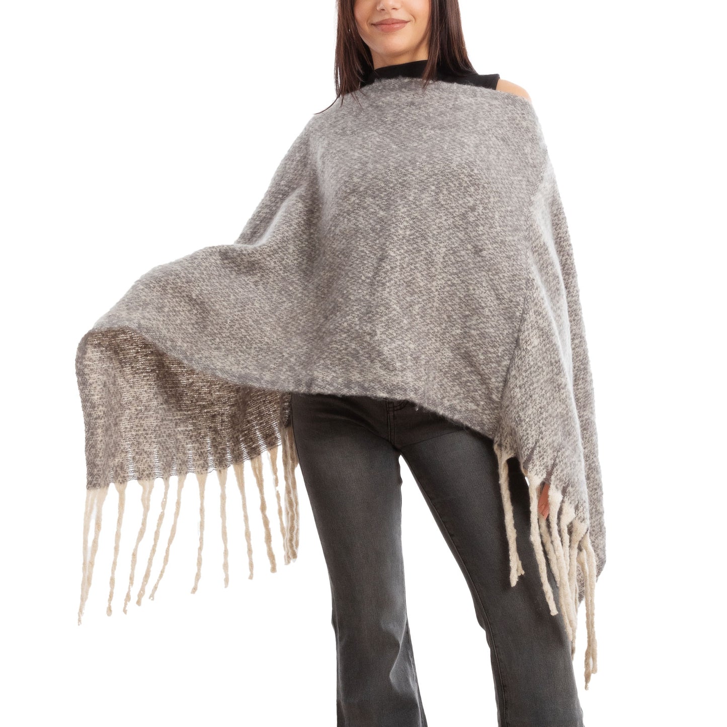 toocool poncho donna coprispalle mantella tricot caldo frange scialle lana toocool a302 nero taglia unica