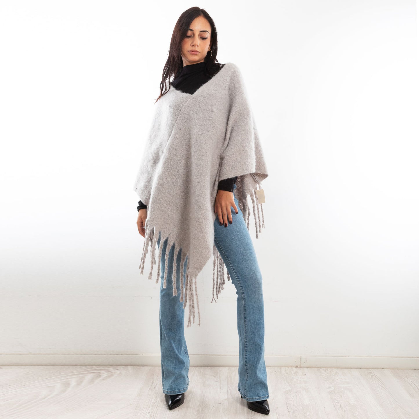 toocool poncho donna coprispalle mantella tricot caldo frange scialle lana toocool bs a301 nero taglia unica