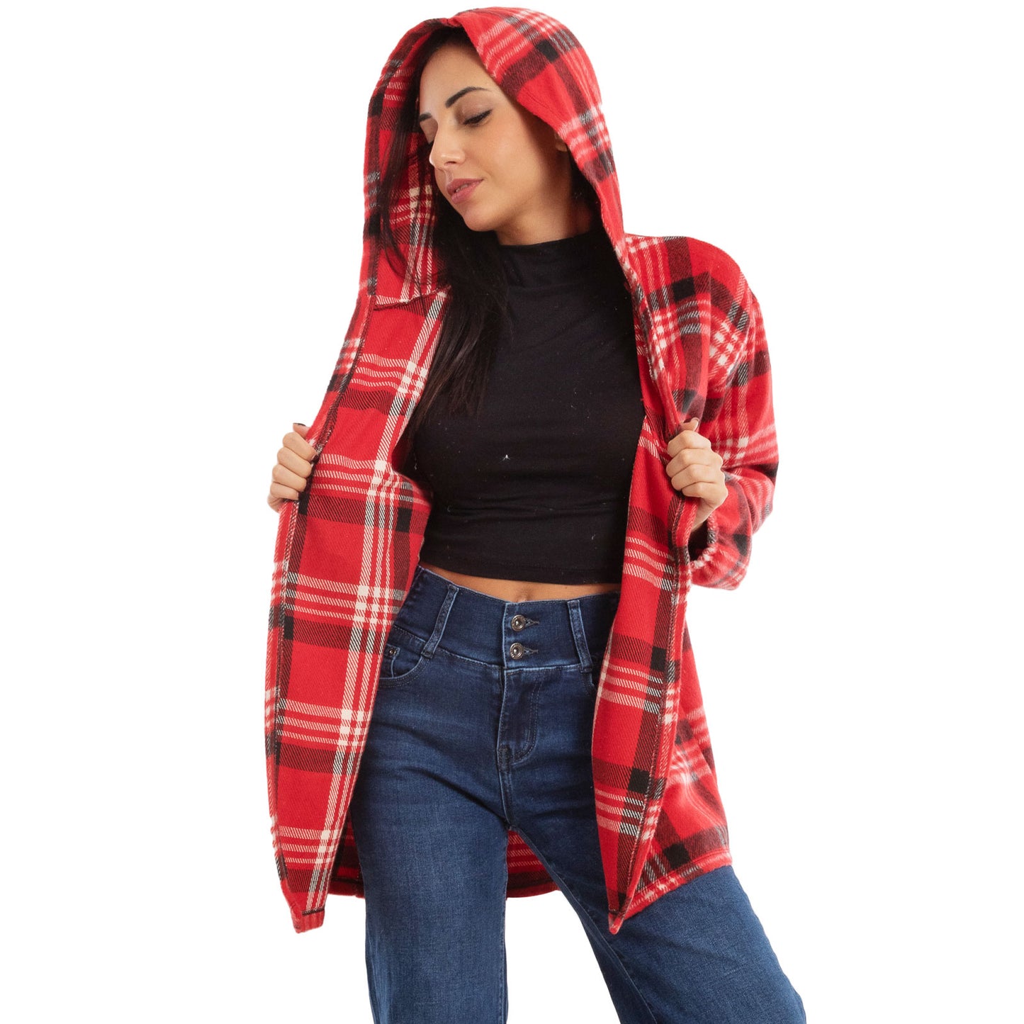 toocool giacca donna blazer felpa cardigan flanella cappuccio scozzese quadri toocool vi 5790 nero sl