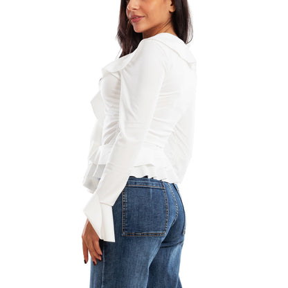 toocool blusa donna elegante elasticizzata con ruches e volant maniche svasate a campana top casual chic toocool vi 8231 nero sm