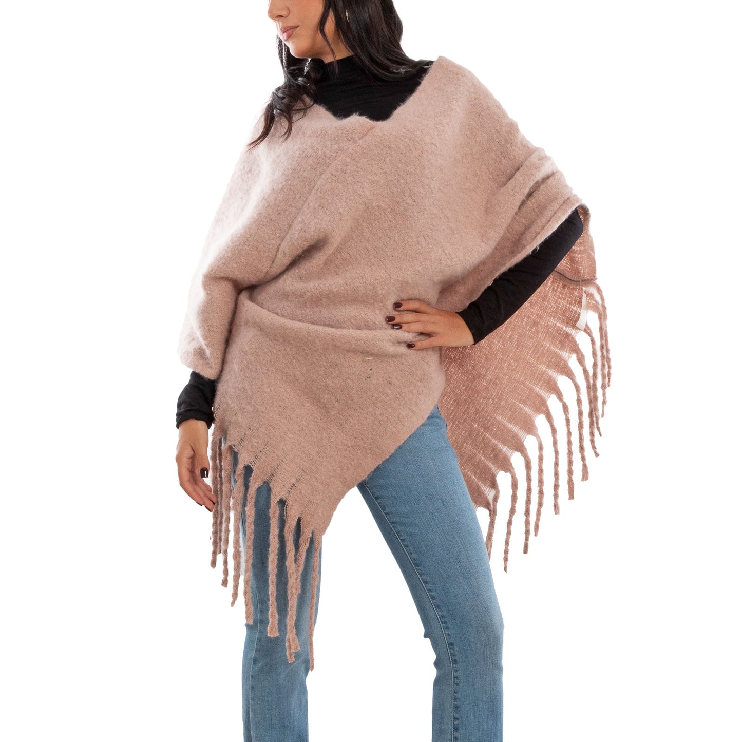 toocool poncho donna coprispalle mantella tricot caldo frange scialle lana toocool bs a301 nero taglia unica