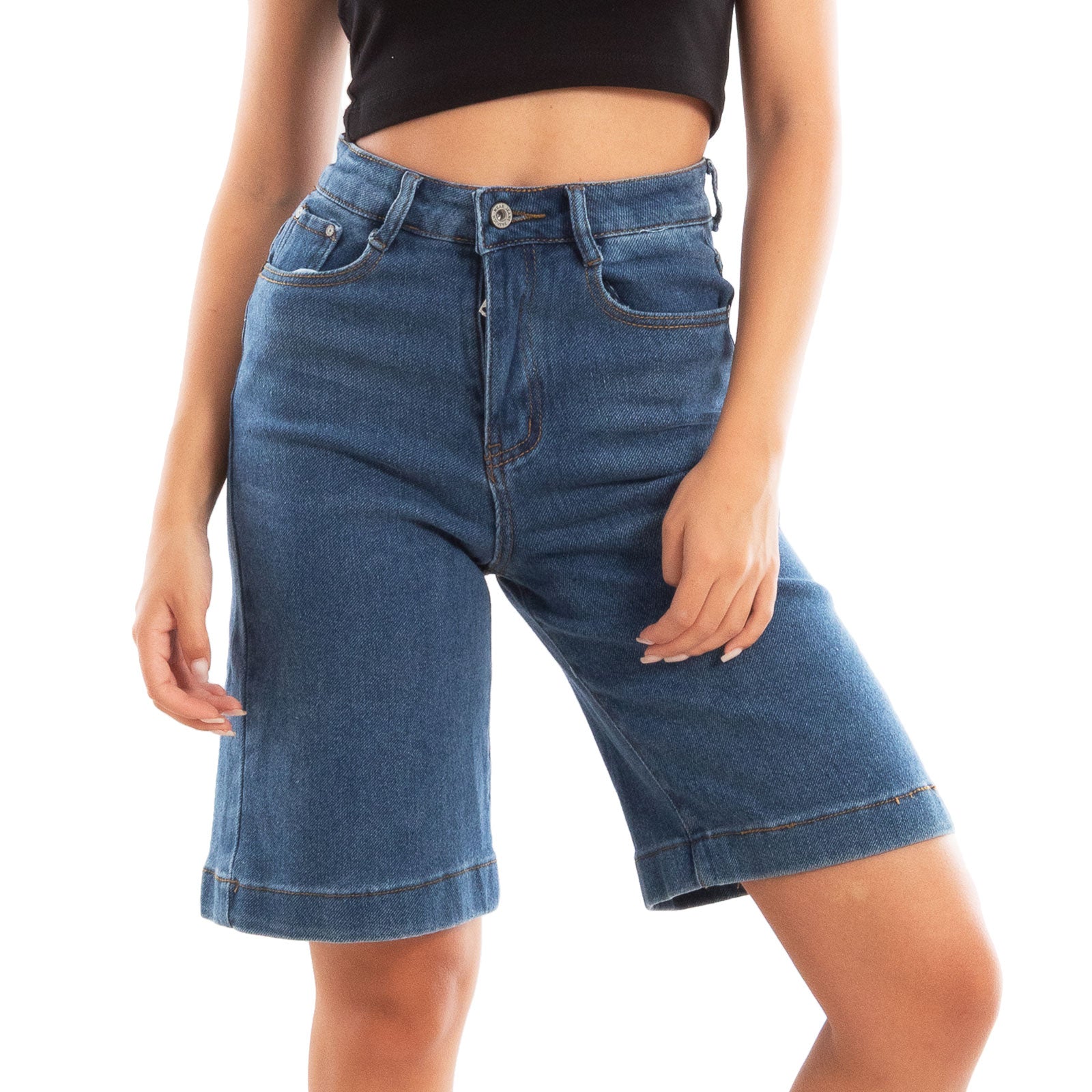 Pantaloncini In Denim Donna Vita Alta - Corti Estivi Con Elastico E Tasche, Cotone 97%