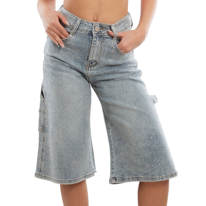 toocool bermuda jeans donna al ginocchio strass pantaloni denim gamba larga taglio carpenter lm762
