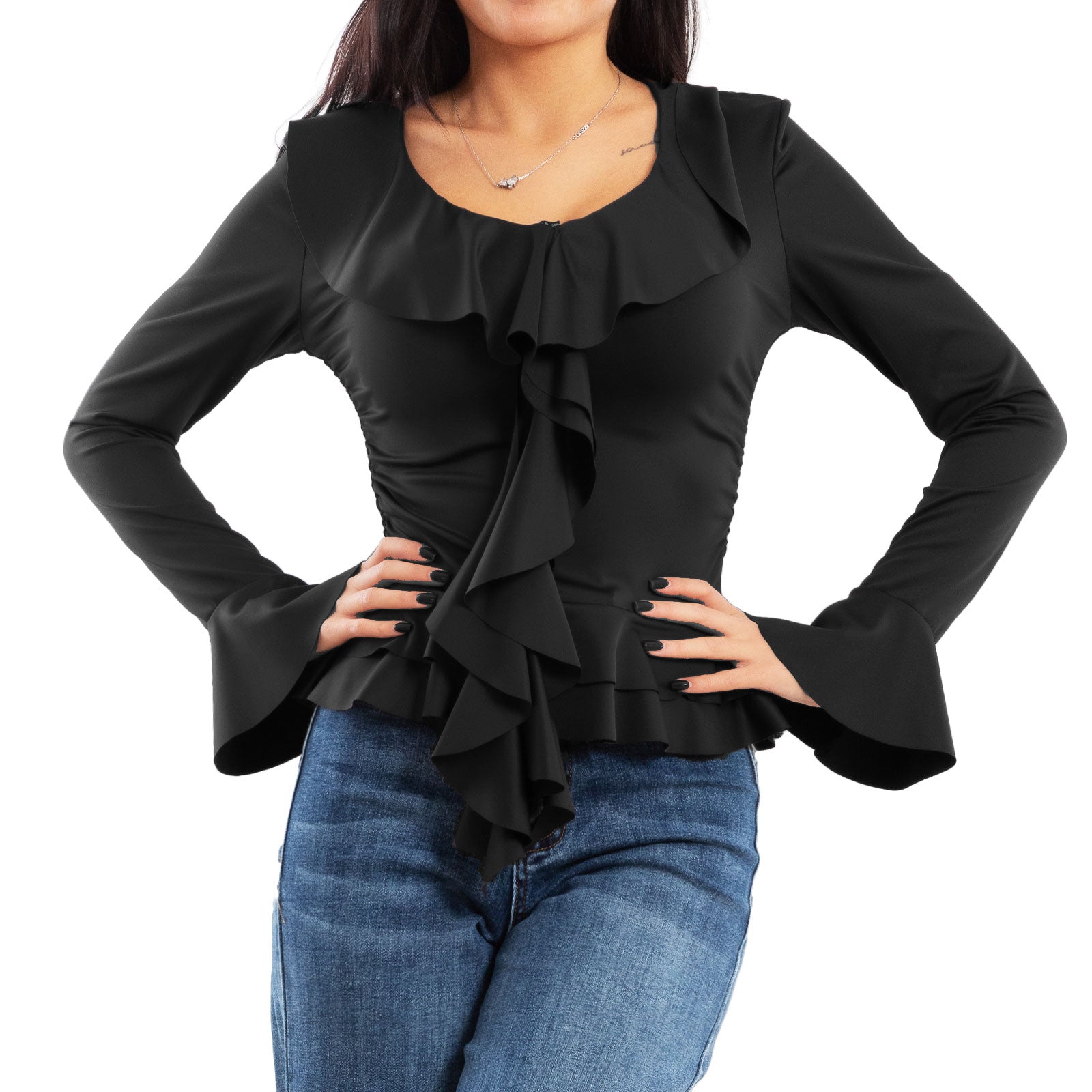 toocool blusa donna elegante elasticizzata con ruches e volant maniche svasate a campana top casual chic toocool vi 8231 nero sm