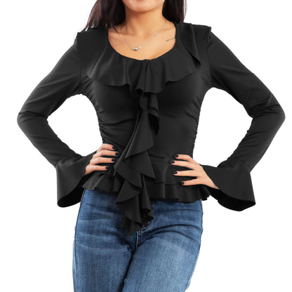 toocool blusa donna elegante elasticizzata con ruches e volant maniche svasate a campana top casual chic toocool vi 8231 nero sm