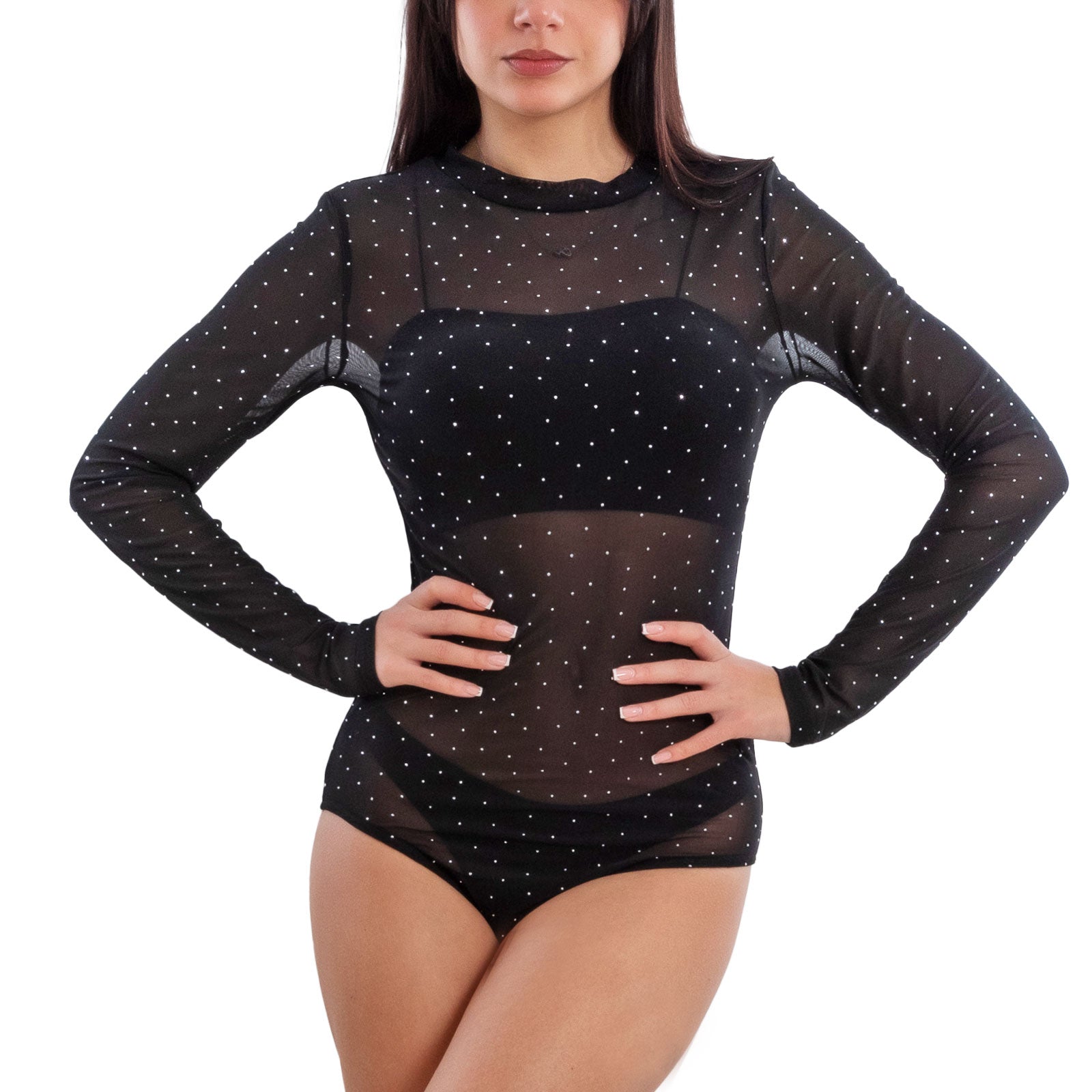 toocool body donna velato trasparente con strass luccicanti maniche lunghe sottogiacca elegante feste e serate xys3392