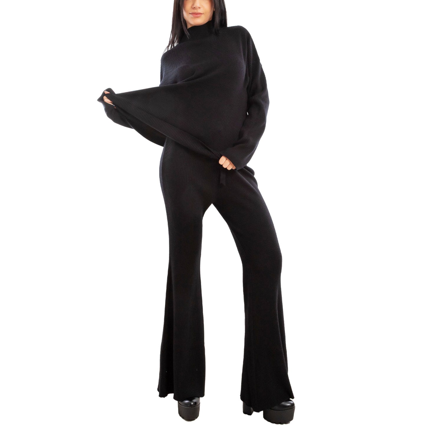 toocool completo donna maglia costine 2 pezzi set coordinato alto pantaloni zampa laccio tuta casual loungewear 59111
