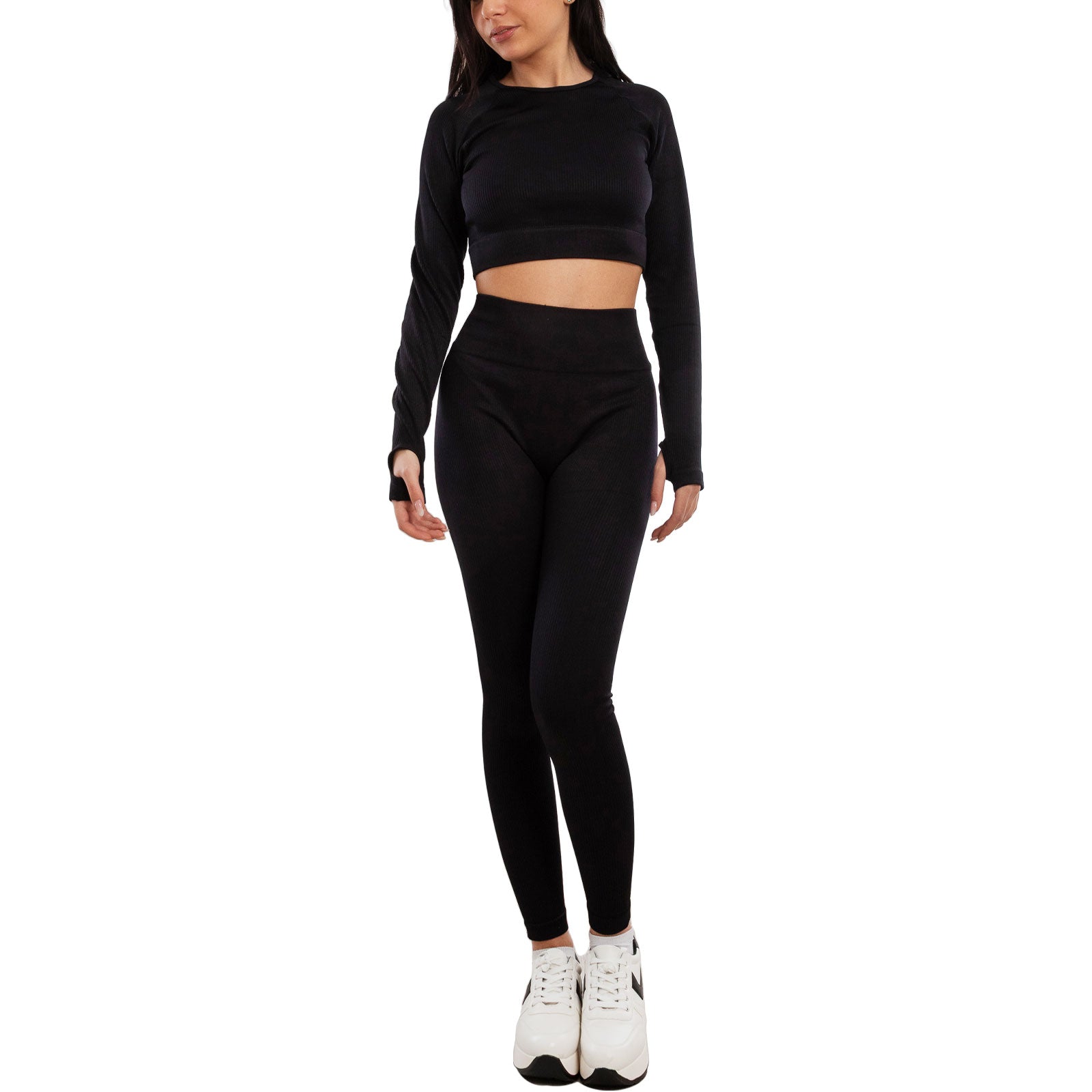 toocool completo sportivo donna 2 pezzi set palestra seamless costine top crop foro per pollice leggings push up vita alta toocool s90077 nero sm
