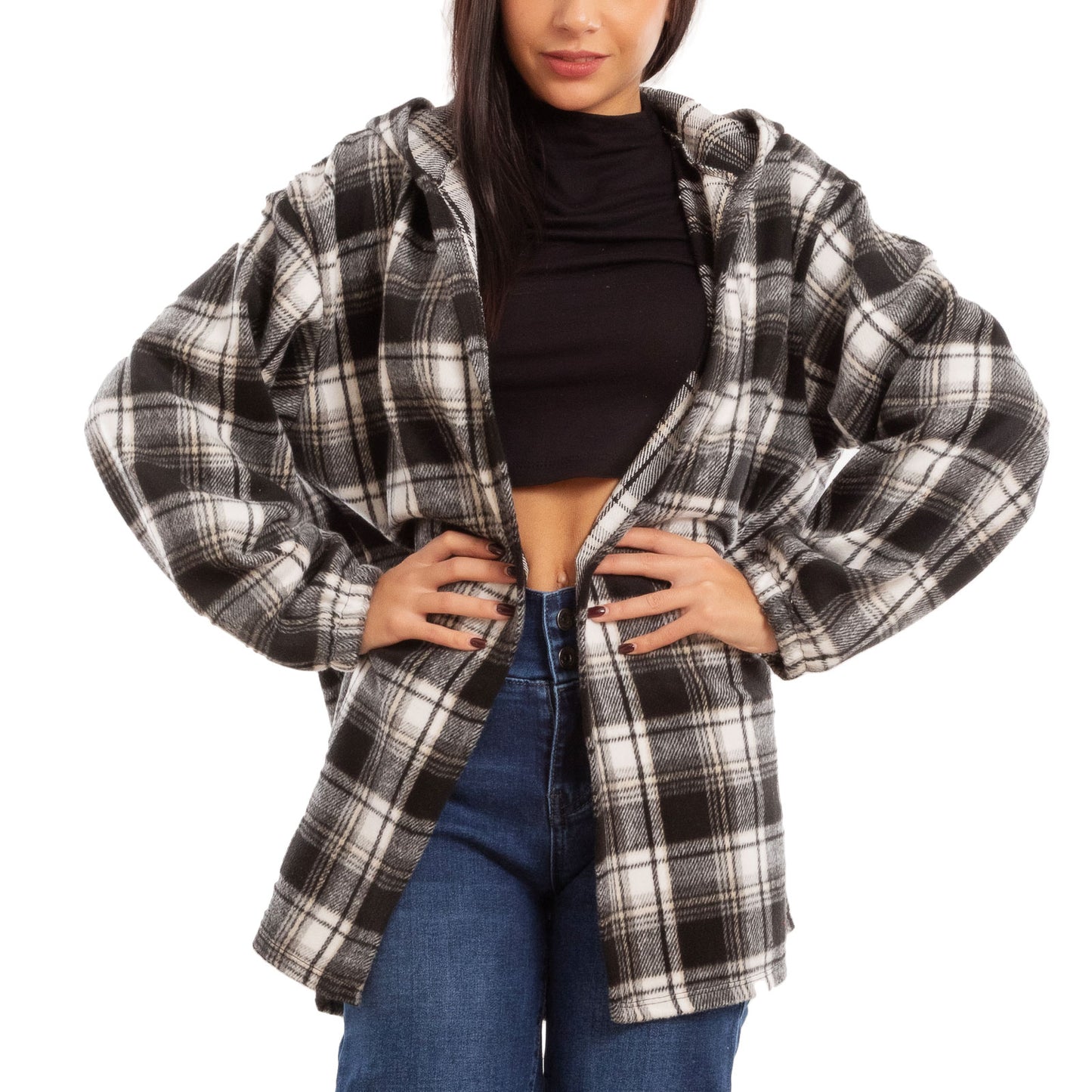 toocool giacca donna blazer felpa cardigan flanella cappuccio scozzese quadri toocool vi 5790 nero sl