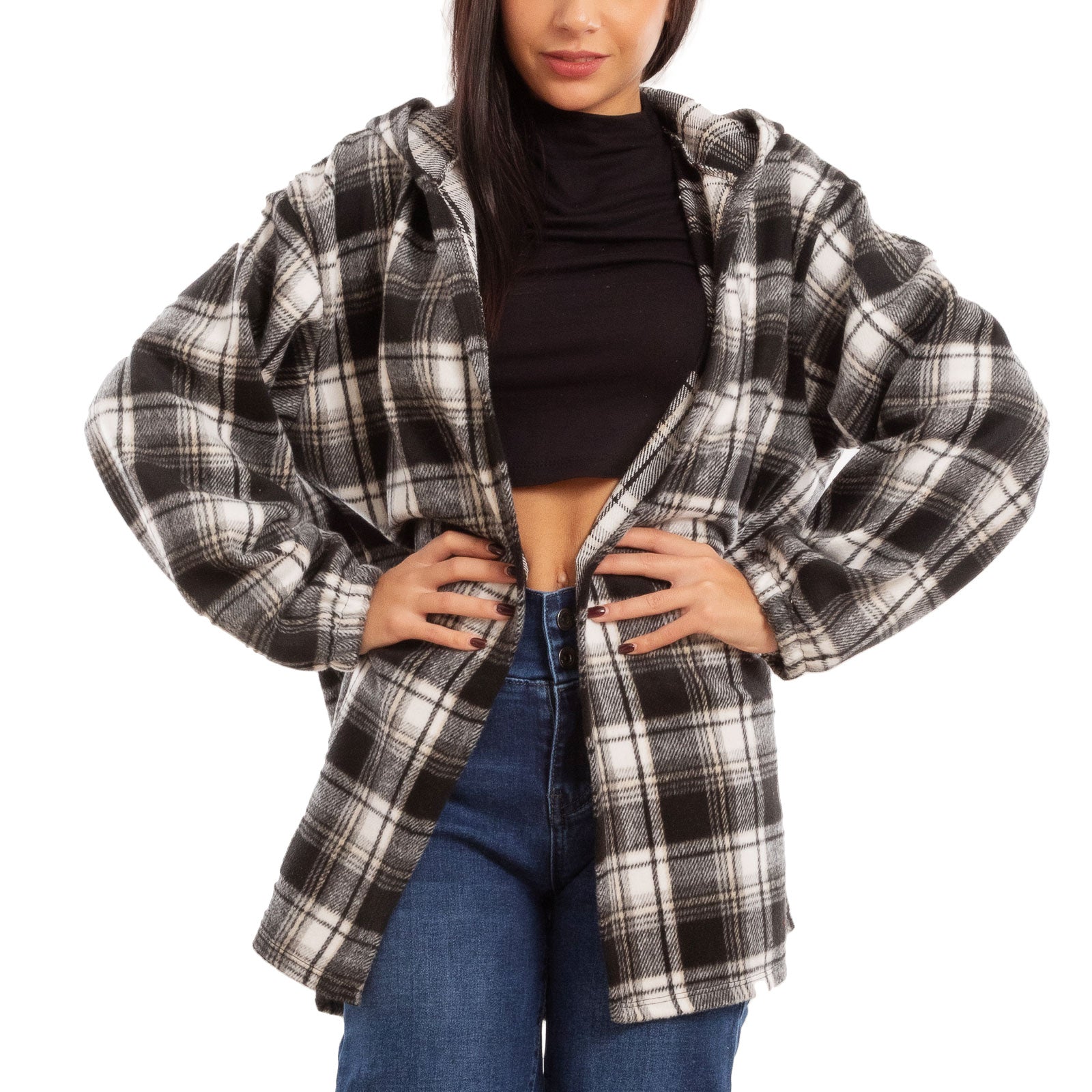 toocool giacca donna blazer felpa cardigan flanella cappuccio scozzese quadri toocool vi 5790 nero sl