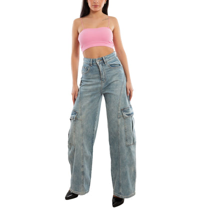 toocool jeans cargo barrel fit donna vita alta pantaloni denim gamba larga tasconi laterali relaxed toocool fx854 blu xs