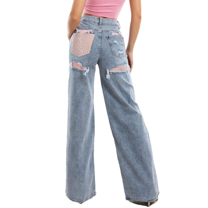toocool jeans donna gamba larga tasca rosa glitterata strappi decorativi pantaloni denim wide leg vita alta toocool yw 1629e blu xs
