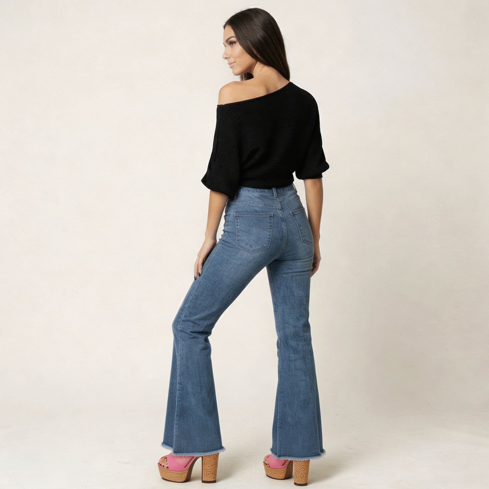 toocool jeans donna zampa larga orlo sfrangiato pantaloni denim flare vita alta stile boho chic toocool y235 blu xs