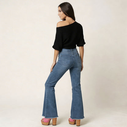 toocool jeans donna zampa larga orlo sfrangiato pantaloni denim flare vita alta stile boho chic toocool y235 blu xs