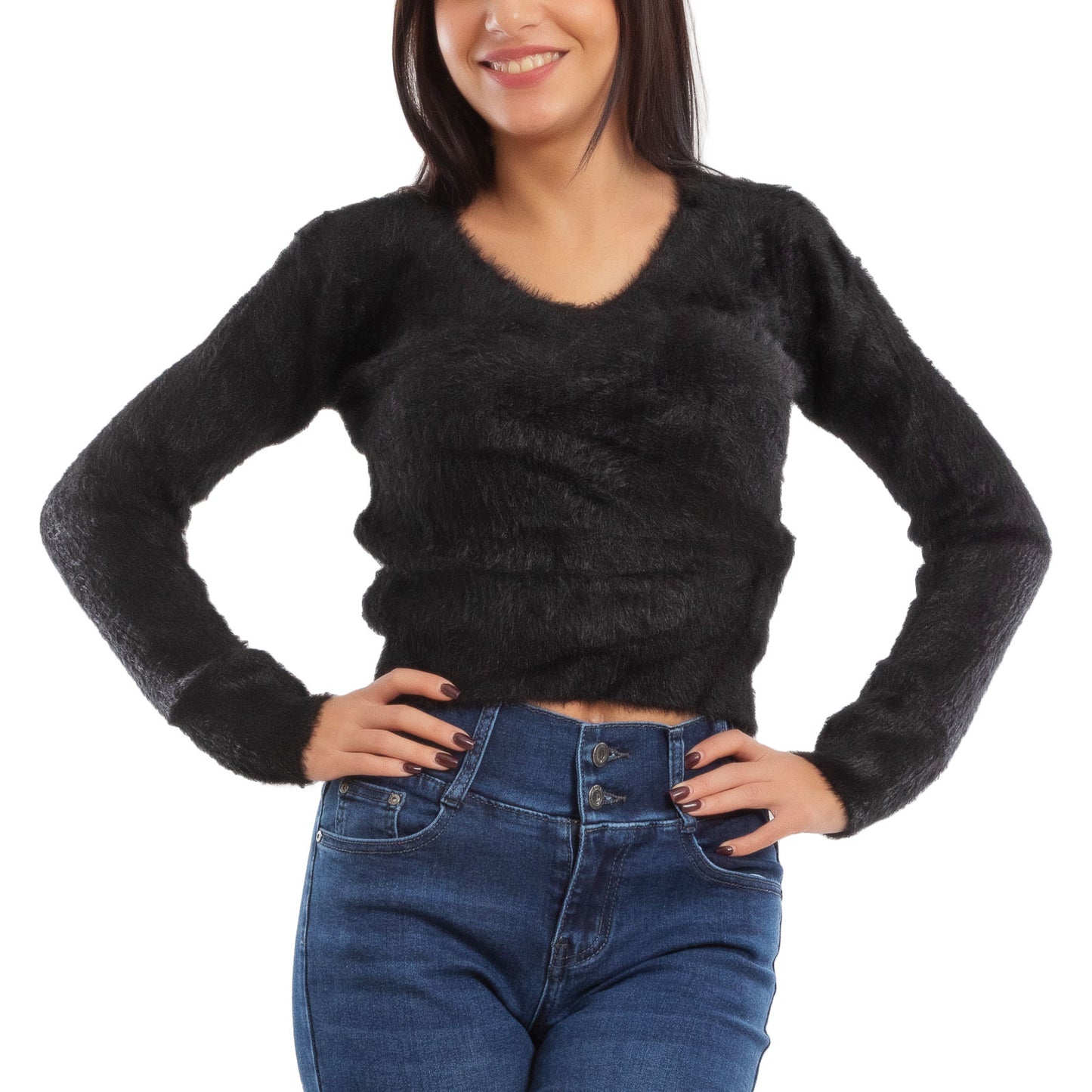 toocool maglione donna peloso pullover corto aderente invernale scollo v toocool 9390 nero sm