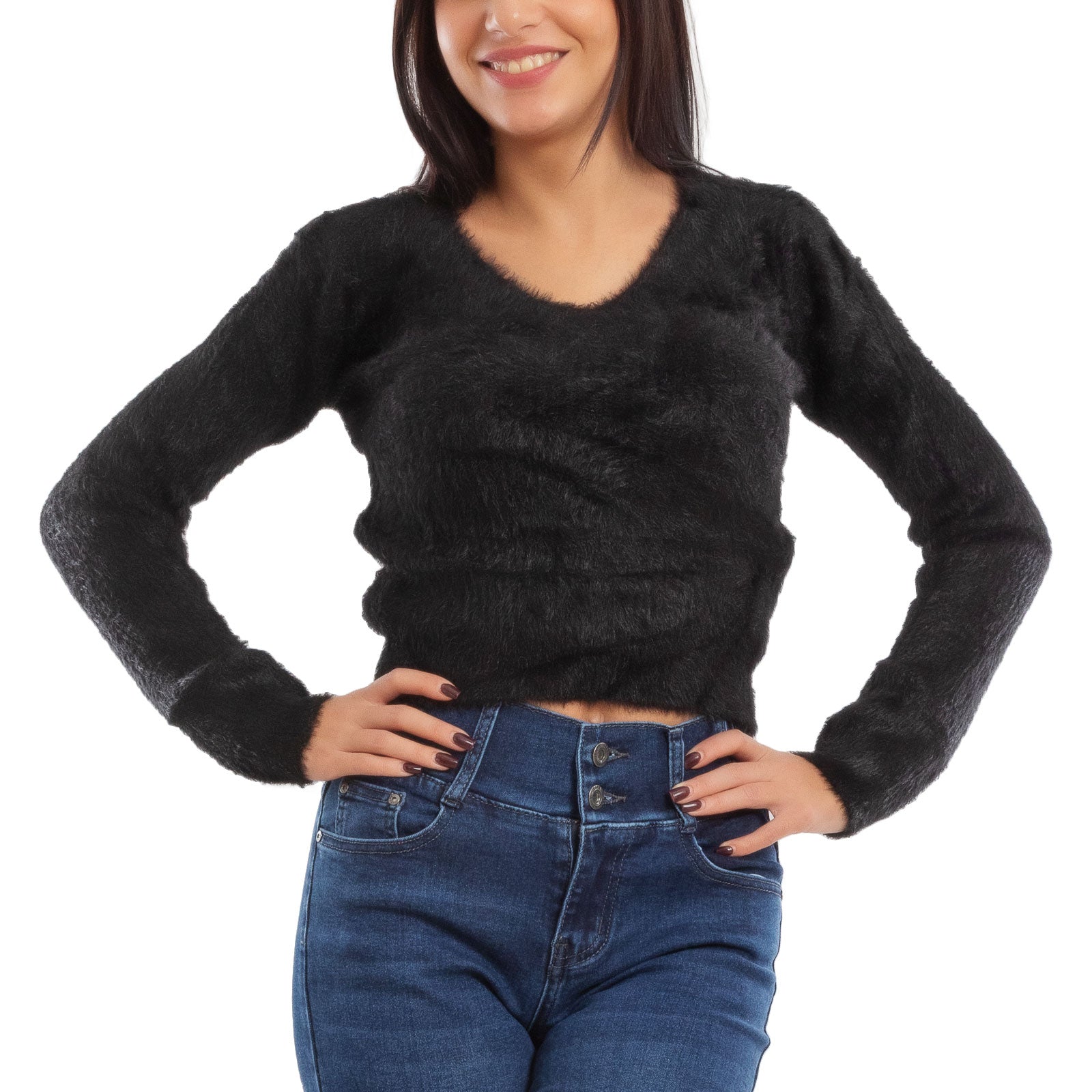 toocool maglione donna peloso pullover corto aderente invernale scollo v toocool 9390 nero sm