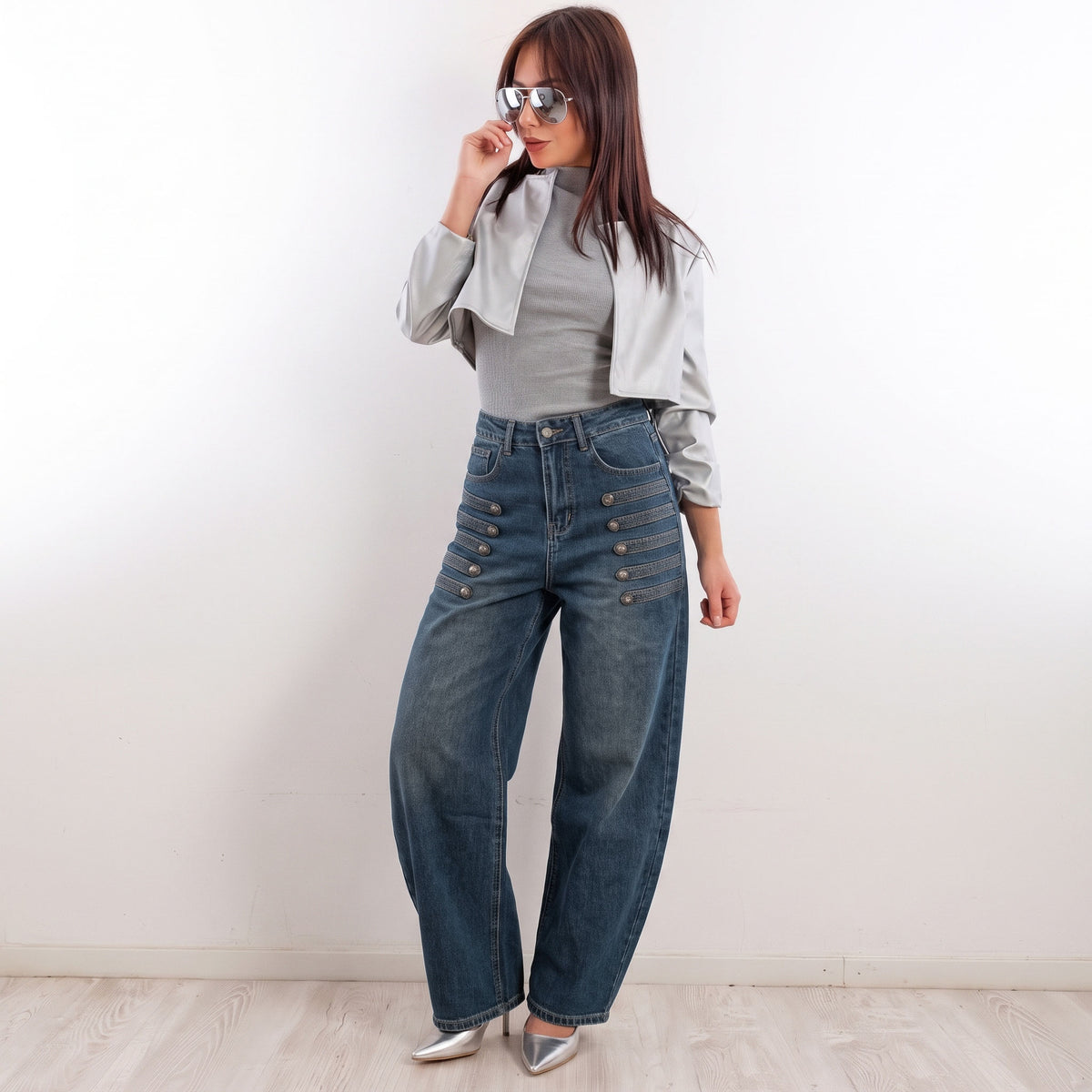 toocool pantaloni baggy jeans donna denim larghi con bottoni toocool jf672b blu xs