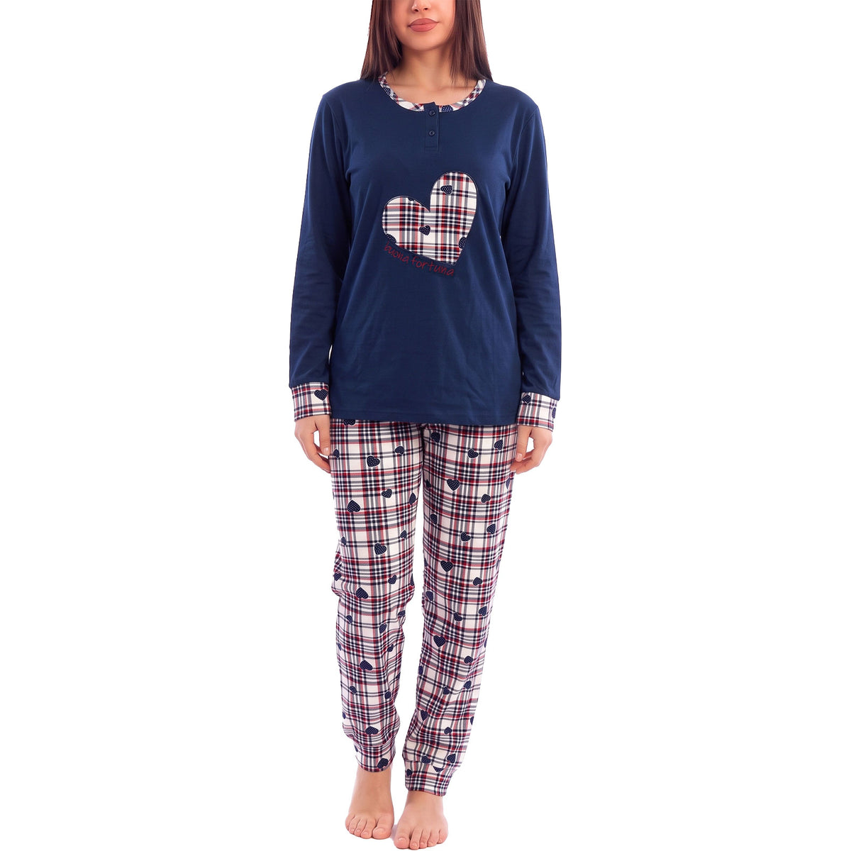 toocool pigiama donna felpato lungo scozzese cuori caldo invernale toocool q2244 blu scuro m