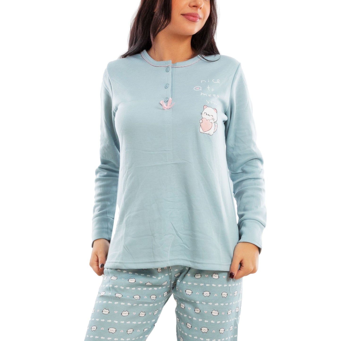 toocool pigiama donna invernale felpato gatti maniche lunghe pantaloni caldo cotone toocool 2141 verde acqua s