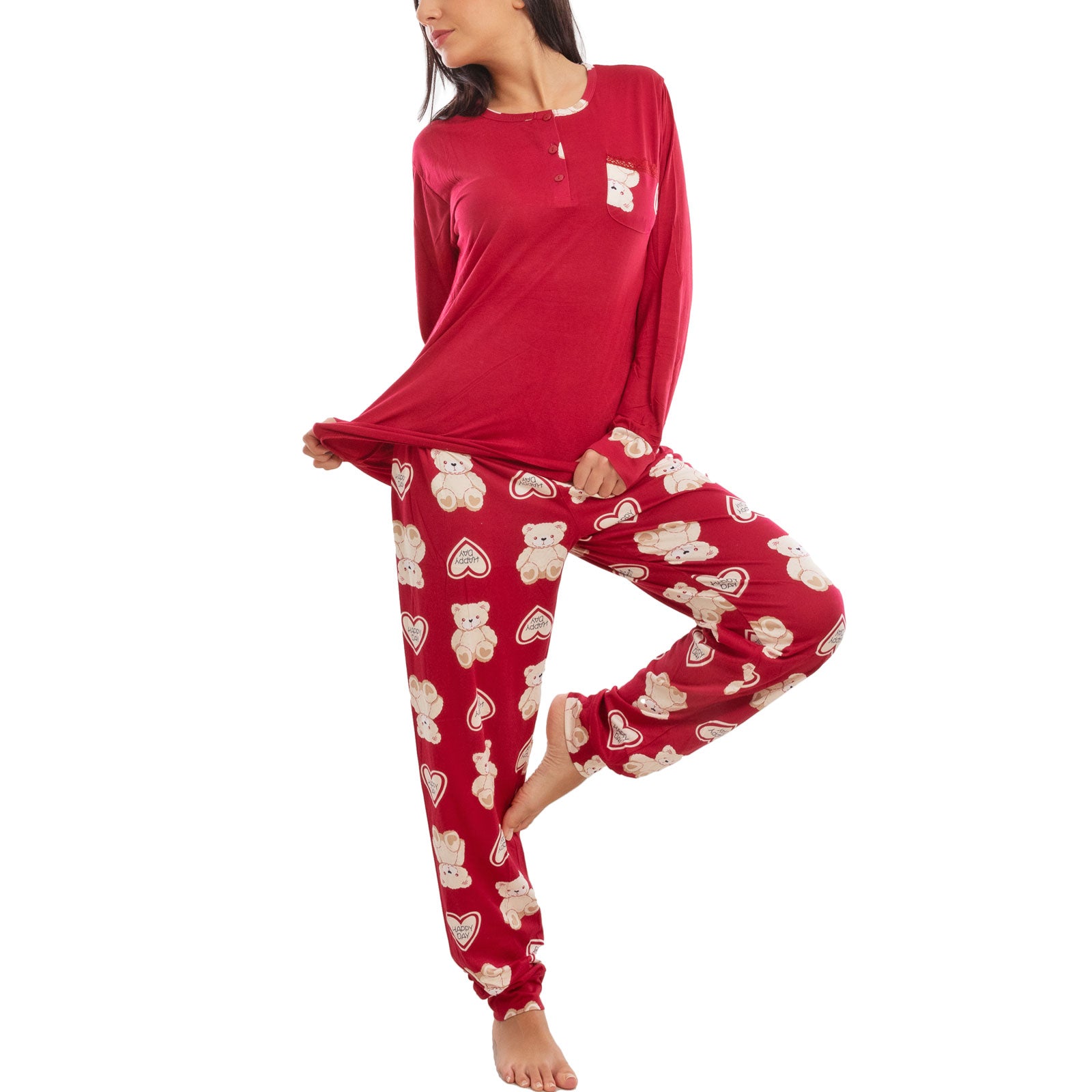 toocool pigiama donna leggero morbido orsetti maniche lunghe pantaloni completo 2 pezzi toocool k 687 rosso s