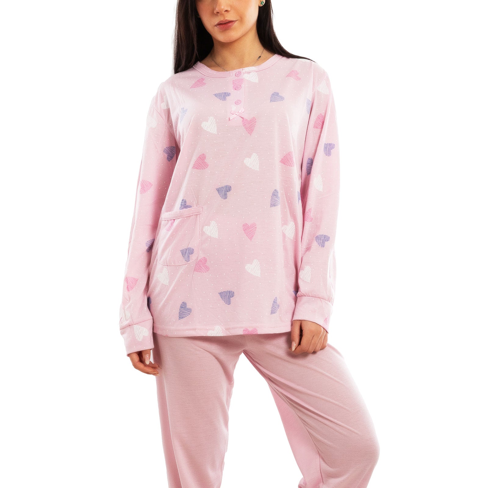 toocool pigiama donna lungo set due pezzi maglia tasca frontale pantalone con polsini design a cuori toocool h48 rosa s