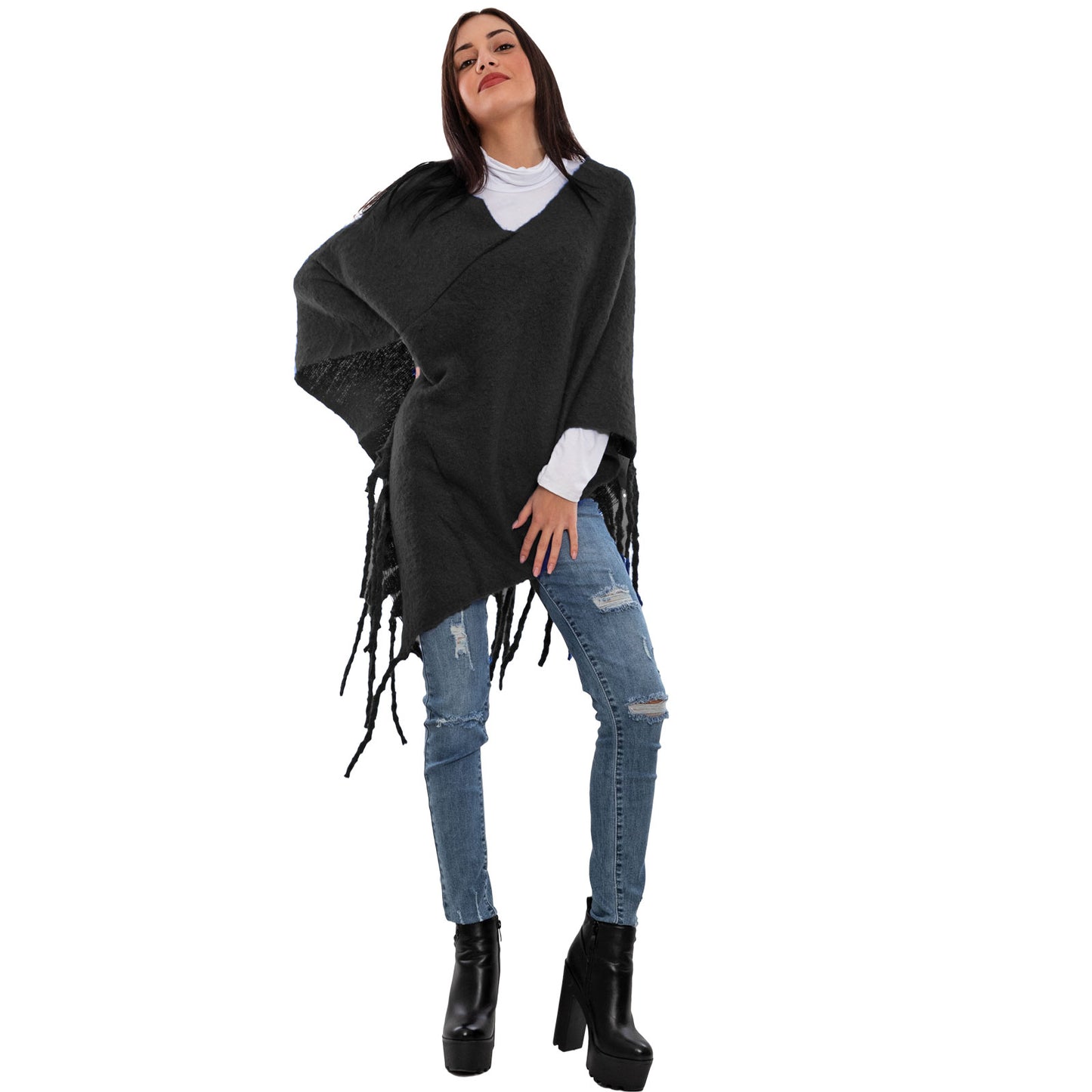toocool poncho donna coprispalle mantella tricot caldo frange scialle lana toocool bs a301 nero taglia unica