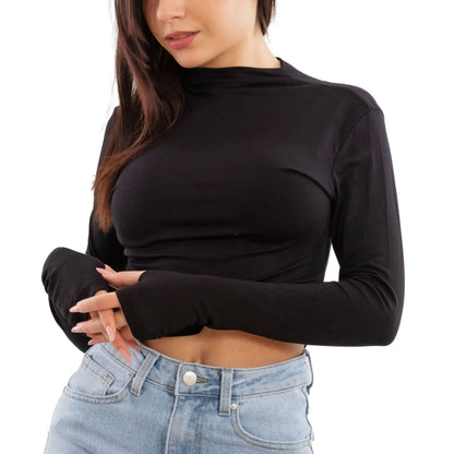 toocool top donna crop corto maniche lunghe foro per pollice blusa toocool vi 5317 nero sm