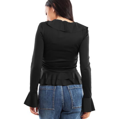 toocool blusa donna elegante elasticizzata con ruches e volant maniche svasate a campana top casual chic toocool vi 8231 nero sm