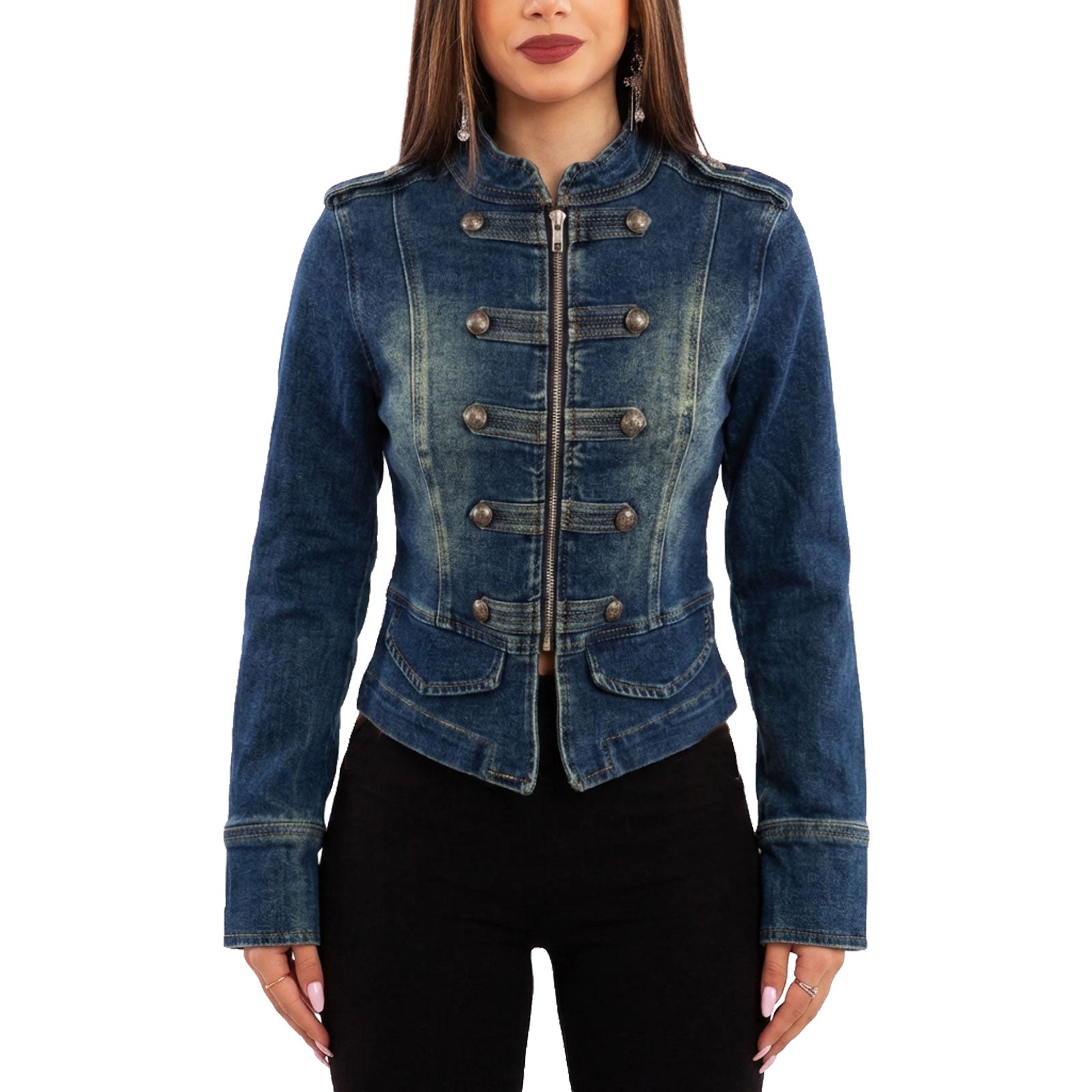toocool giacca giubbotto jeans donna stile militare zip toocool jf672a blu xs