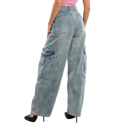 toocool jeans cargo barrel fit donna vita alta pantaloni denim gamba larga tasconi laterali relaxed toocool fx854 blu xs