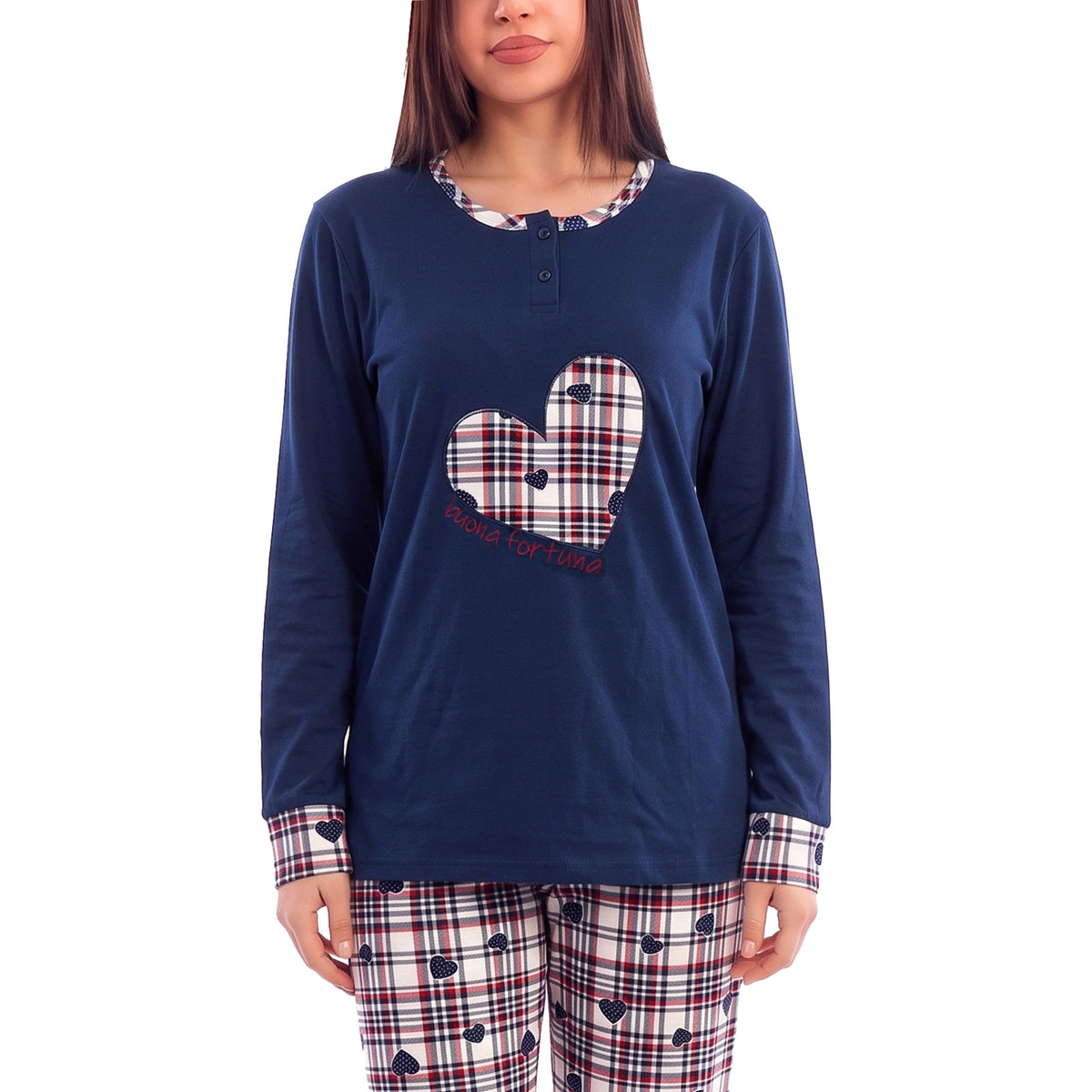 toocool pigiama donna felpato lungo scozzese cuori caldo invernale toocool q2244 blu scuro m