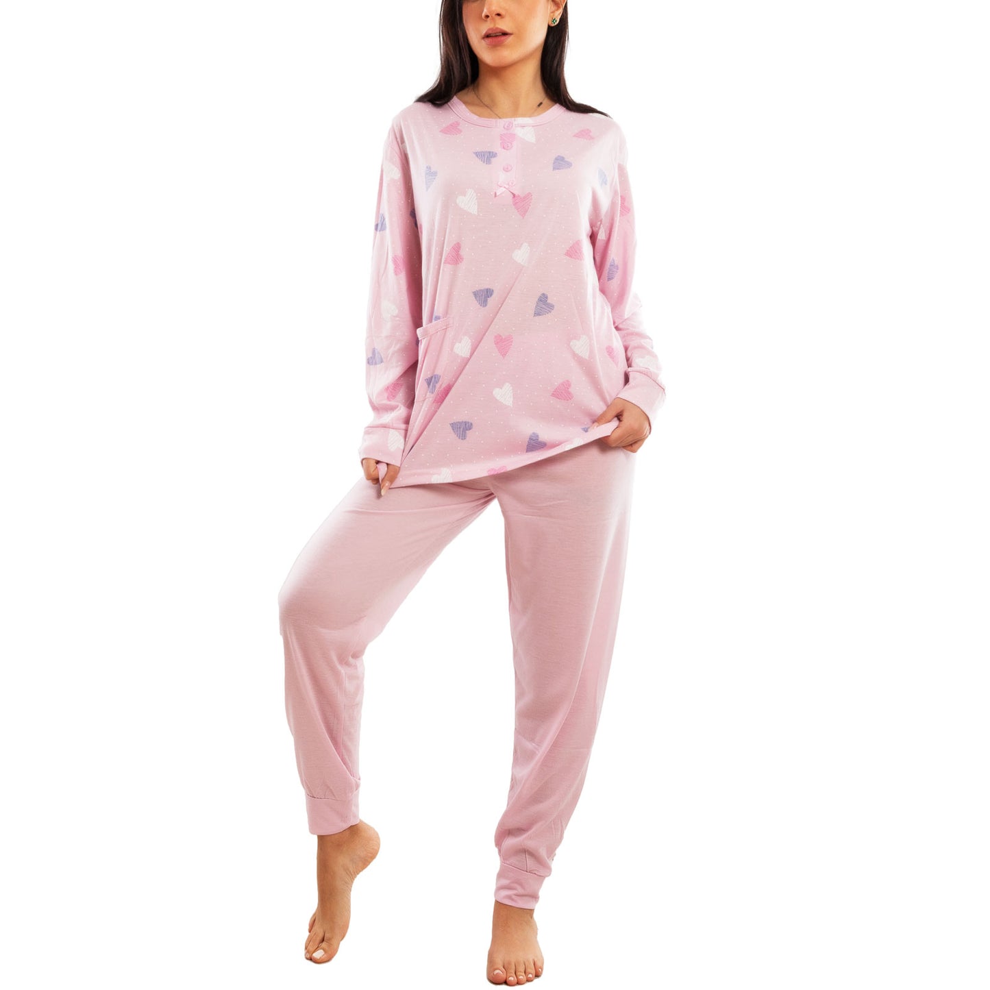toocool pigiama donna lungo set due pezzi maglia tasca frontale pantalone con polsini design a cuori toocool h48 rosa s