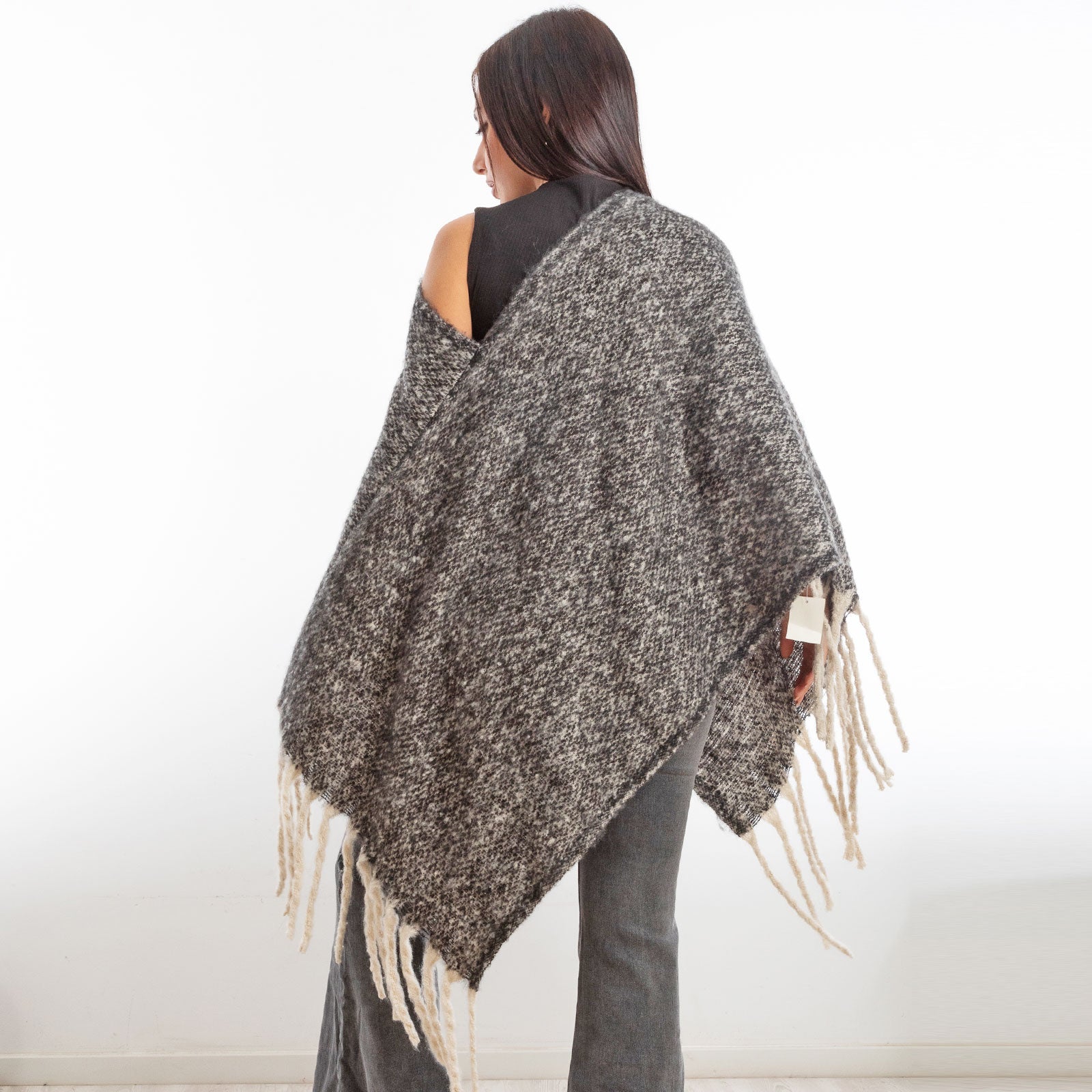 toocool poncho donna coprispalle mantella tricot caldo frange scialle lana toocool a302 nero taglia unica