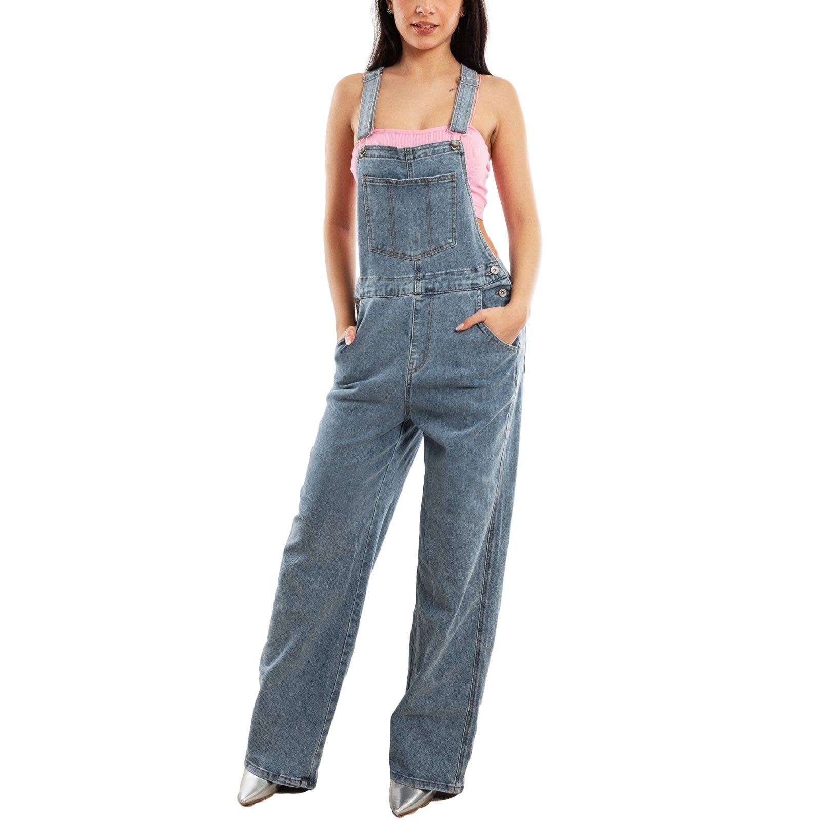 toocool salopette jeans donna palazzo tuta intera denim wide leg bretelle regolabili multitasche casual streetwear toocool vi 6633 blu chiaro s