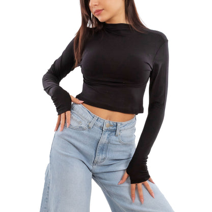 toocool top donna crop corto maniche lunghe foro per pollice blusa toocool vi 5317 nero sm