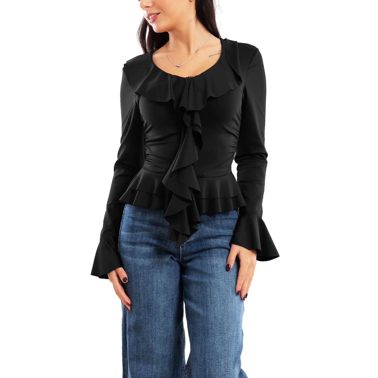 toocool blusa donna elegante elasticizzata con ruches e volant maniche svasate a campana top casual chic toocool vi 8231 nero sm