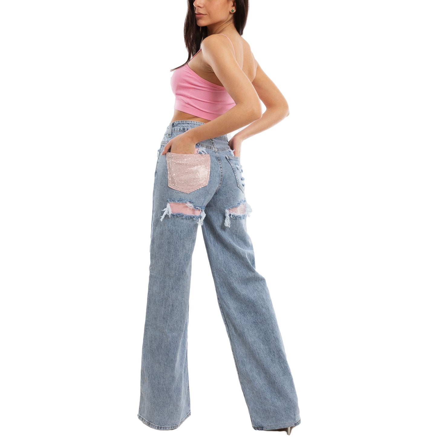toocool jeans donna gamba larga tasca rosa glitterata strappi decorativi pantaloni denim wide leg vita alta toocool yw 1629e blu xs