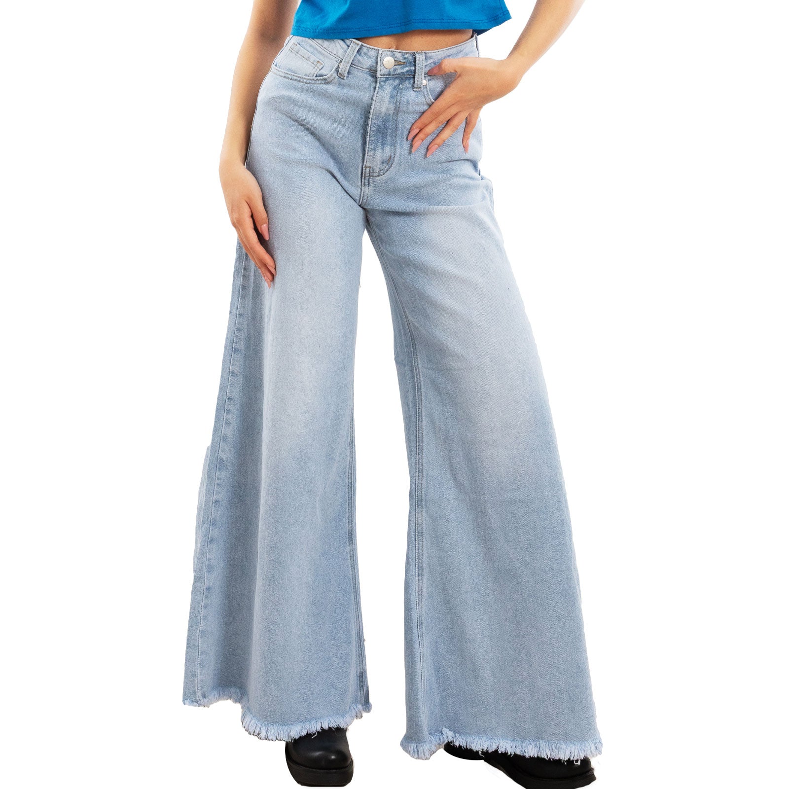 toocool jeans donna zampa larga orlo sfrangiato pantaloni denim flare vita alta lavaggio chiaro stile boho chic toocool fx1243 1 blu xs