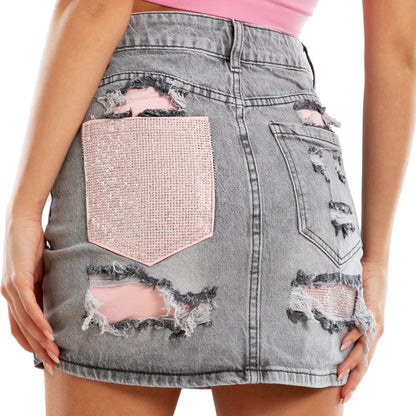 toocool minigonna di jeans con tasca rosa brillante dettagli strass gonna denim stretch strappi distressed toocool yw 1701 grigio xs