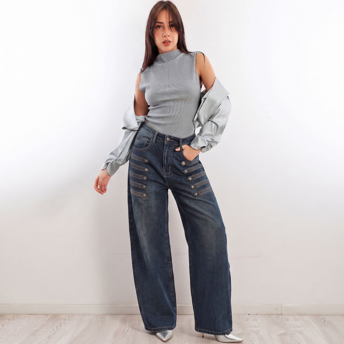 toocool pantaloni baggy jeans donna denim larghi con bottoni toocool jf672b blu xs