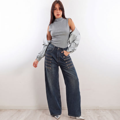 toocool pantaloni baggy jeans donna denim larghi con bottoni toocool jf672b blu xs