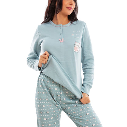 toocool pigiama donna invernale felpato gatti maniche lunghe pantaloni caldo cotone toocool 2141 verde acqua s
