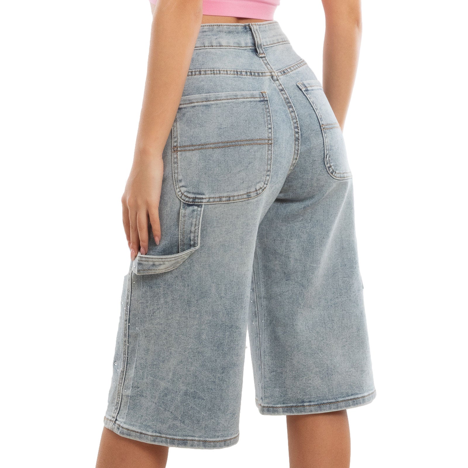 toocool bermuda jeans donna al ginocchio strass pantaloni denim gamba larga taglio carpenter lm762