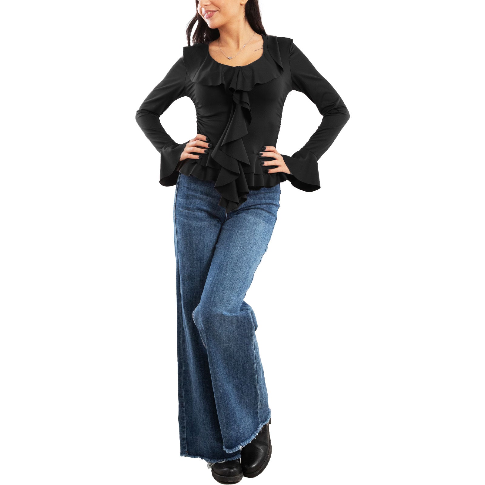 toocool blusa donna elegante elasticizzata con ruches e volant maniche svasate a campana top casual chic toocool vi 8231 nero sm