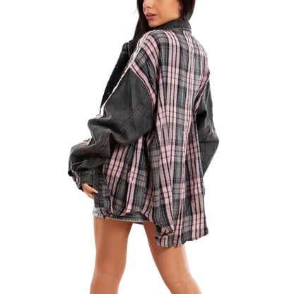 toocool camicia oversize donna denim distressed quadri giacca leggera multimaterica patch strappata urban streetwear toocool vi 9473 grigio rosa sl
