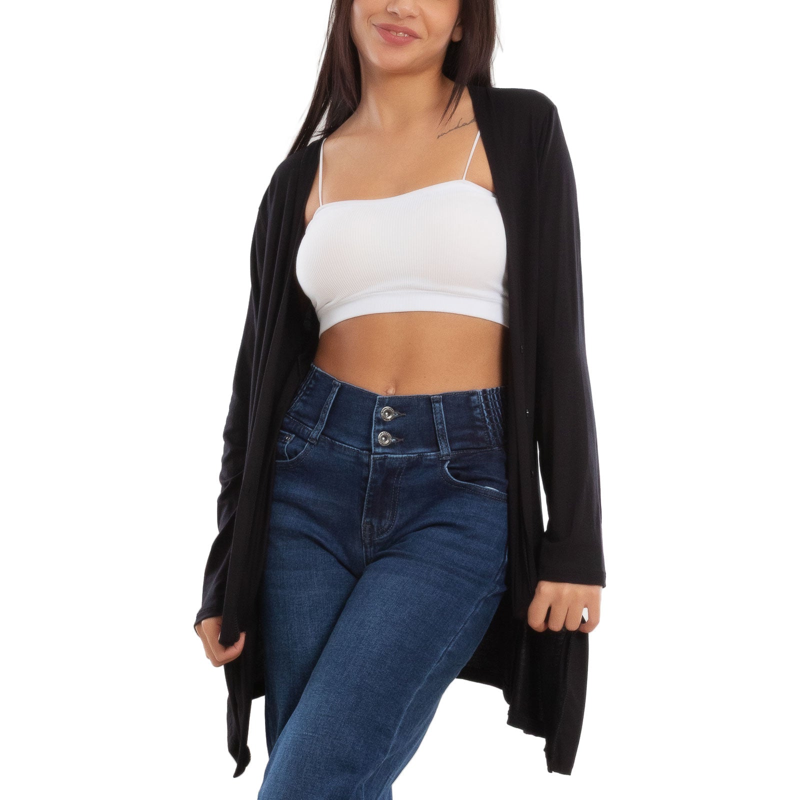 toocool cardigan lungo donna elegante coprispalle spolverino bottoni manica lunga toocool vb 4222 nero sl