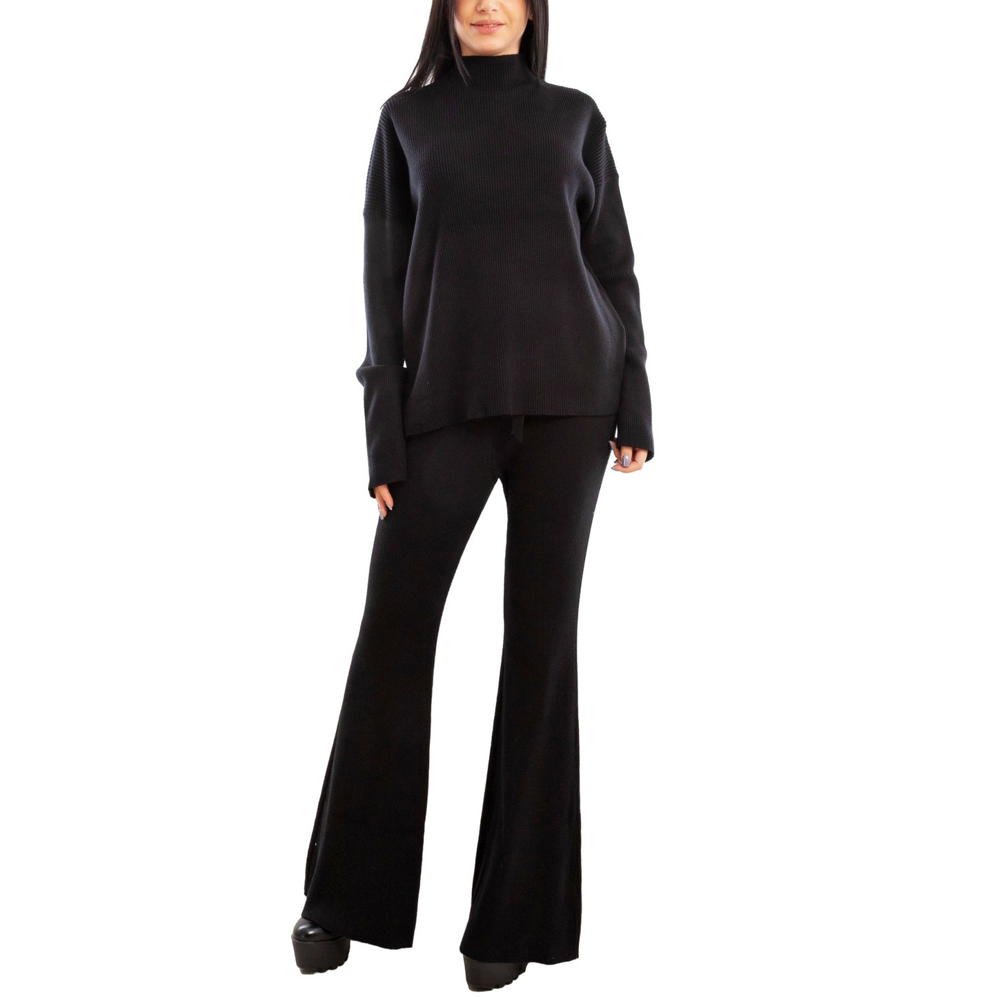toocool completo donna maglia costine 2 pezzi set coordinato alto pantaloni zampa laccio tuta casual loungewear 59111