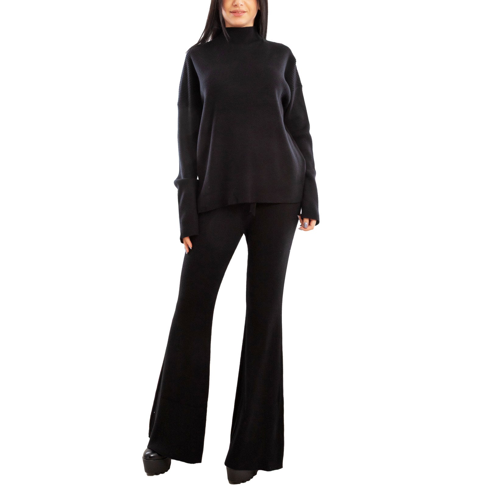 toocool completo donna maglia costine 2 pezzi set coordinato alto pantaloni zampa laccio tuta casual loungewear 59111