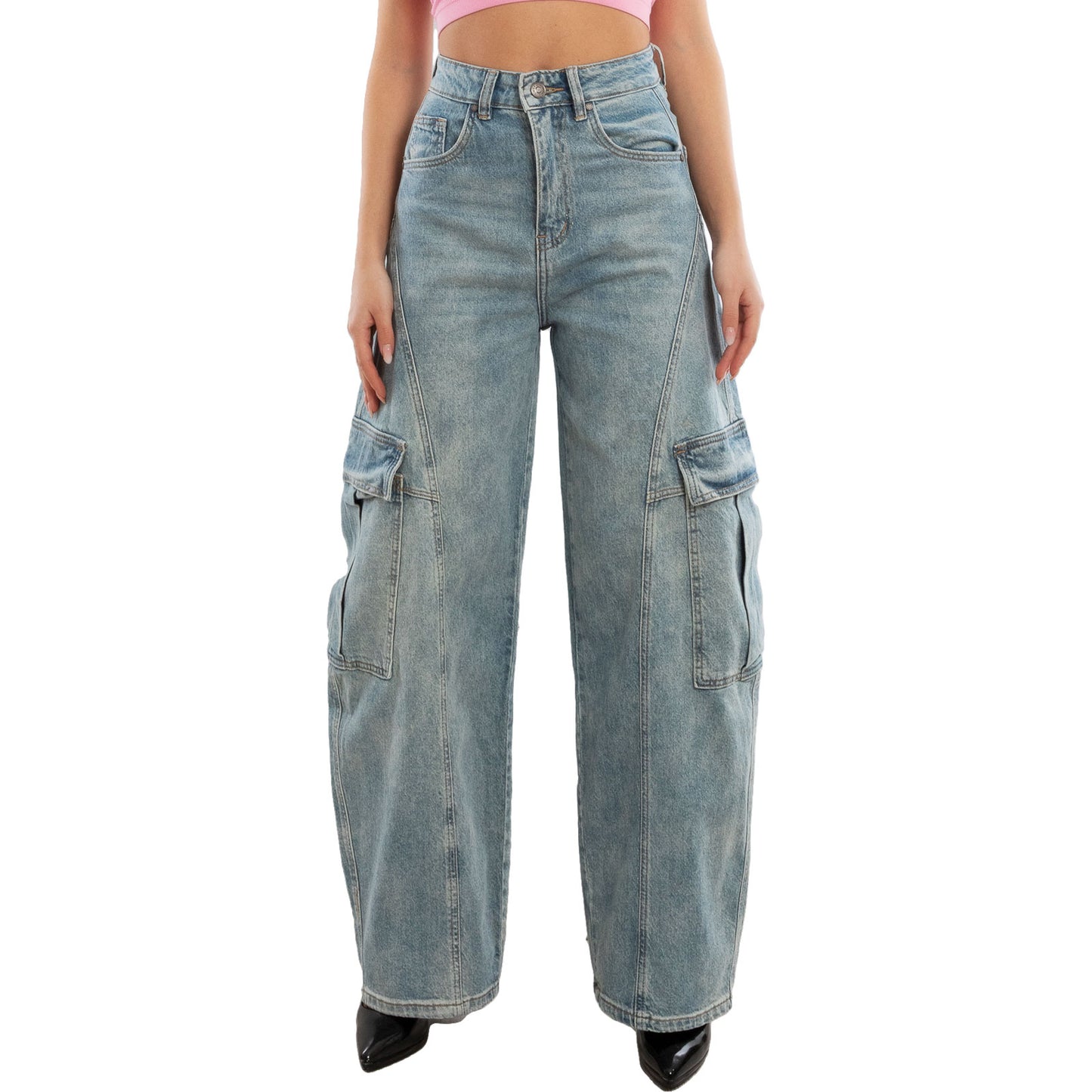 toocool jeans cargo barrel fit donna vita alta pantaloni denim gamba larga tasconi laterali relaxed toocool fx854 blu xs