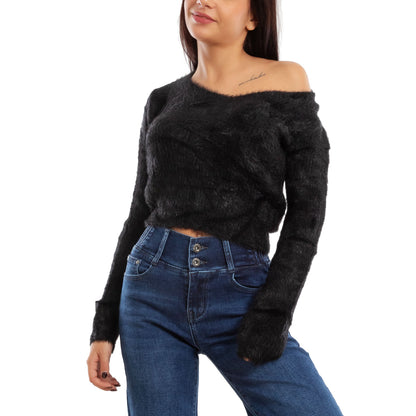 toocool maglione donna peloso pullover corto aderente invernale scollo v toocool 9390 nero sm